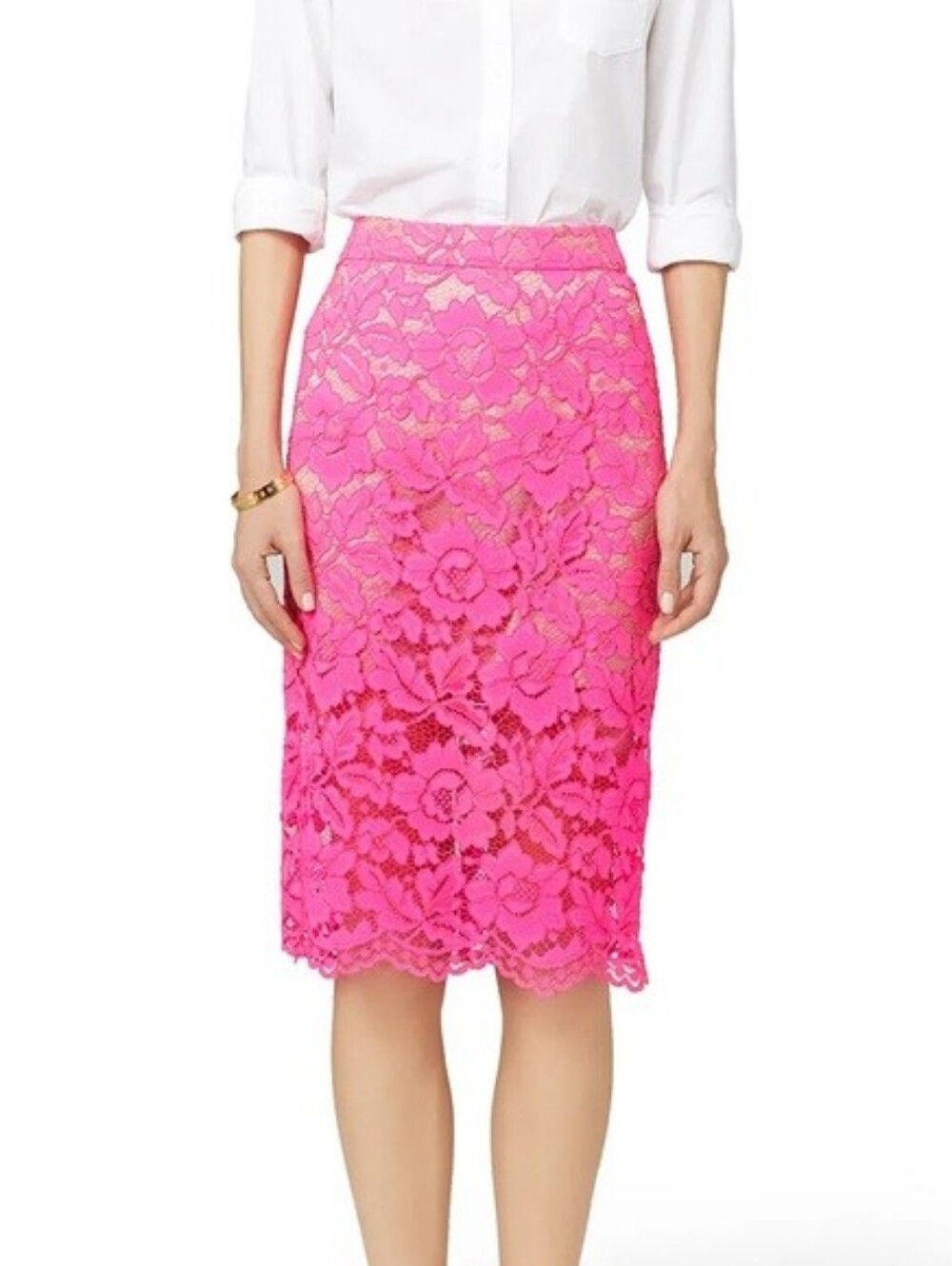 TRINA TURK hot pink lace midi skirt